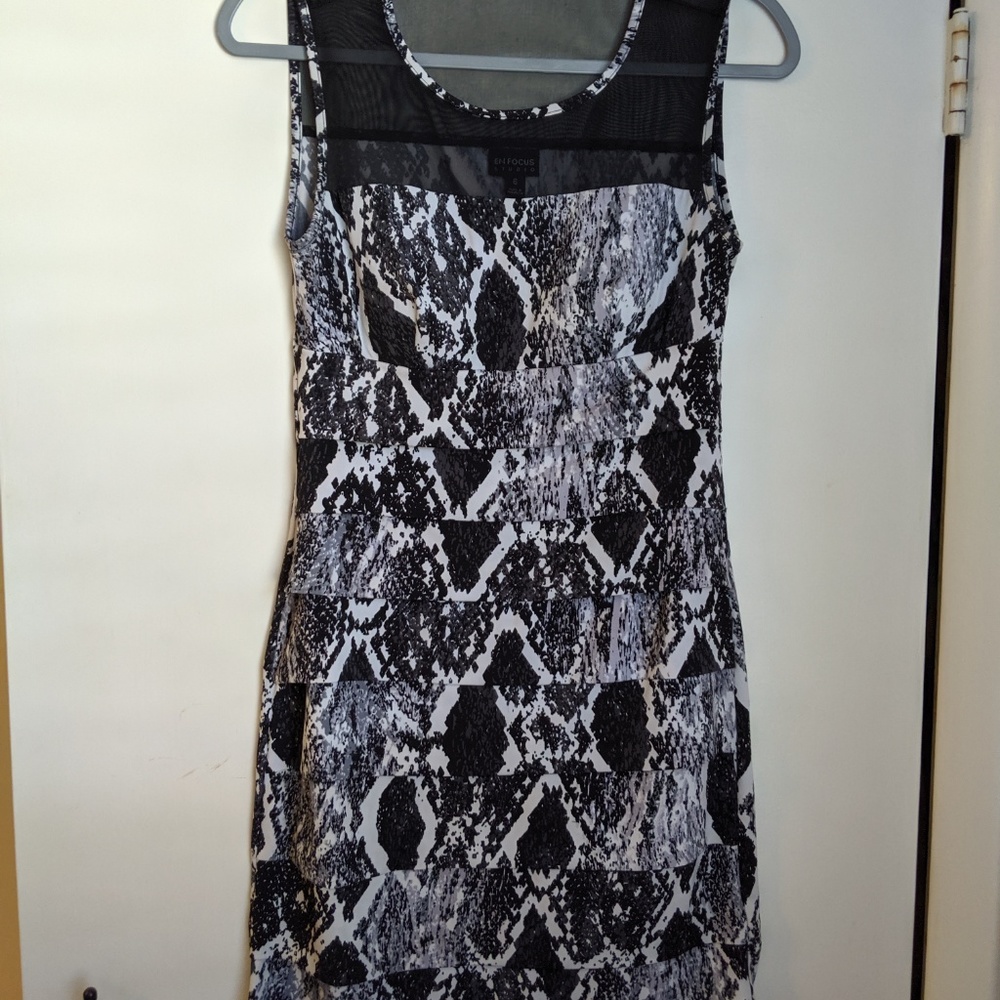 Snakeskin fitted mini dress w/sheer top